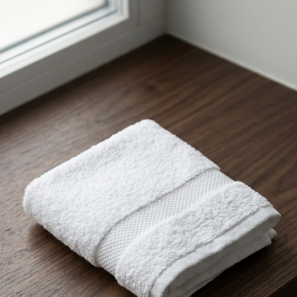 Folded white hand towel on a walnut bathroom shelf