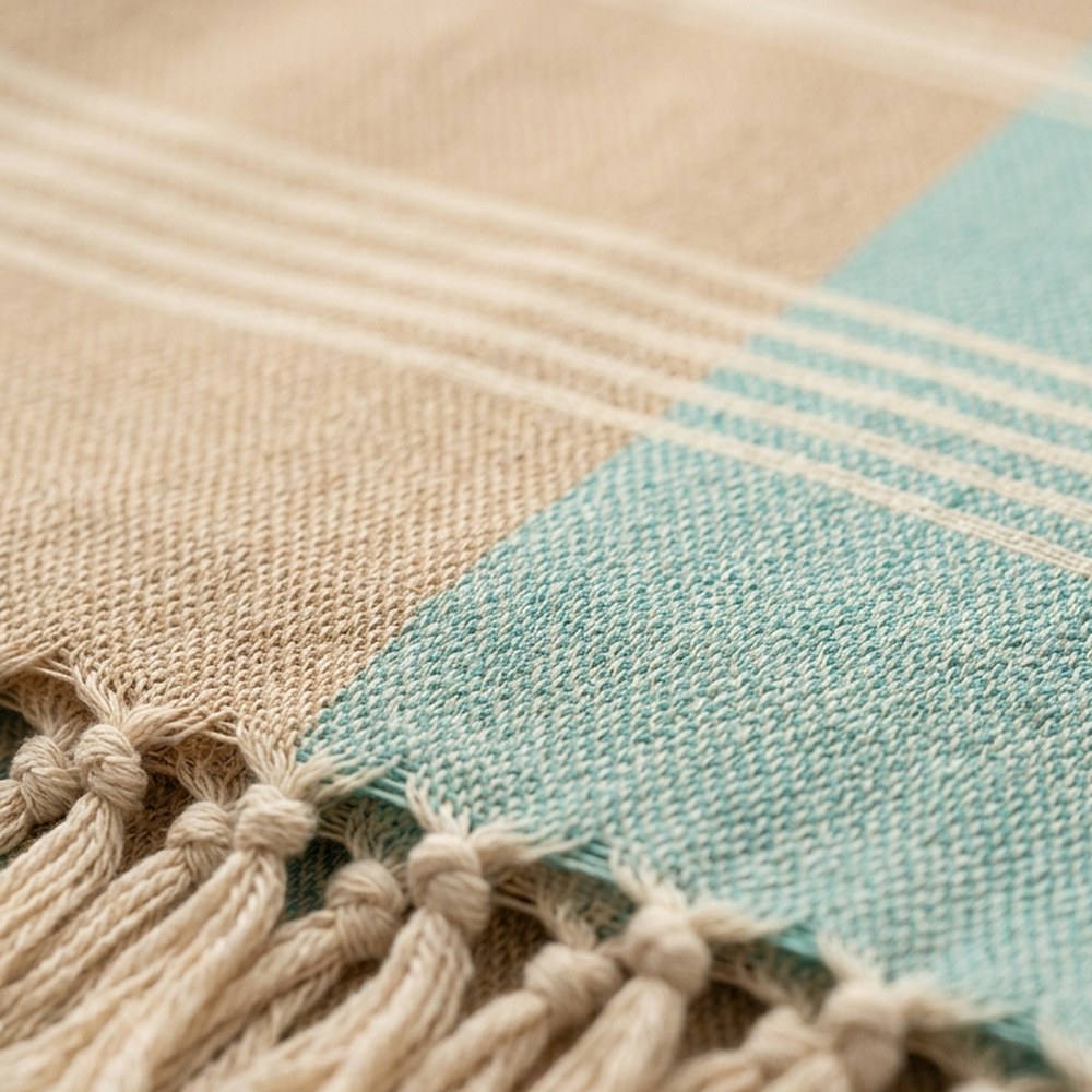 Macro detail of flat-woven peshtemal stripes and knotted fringe