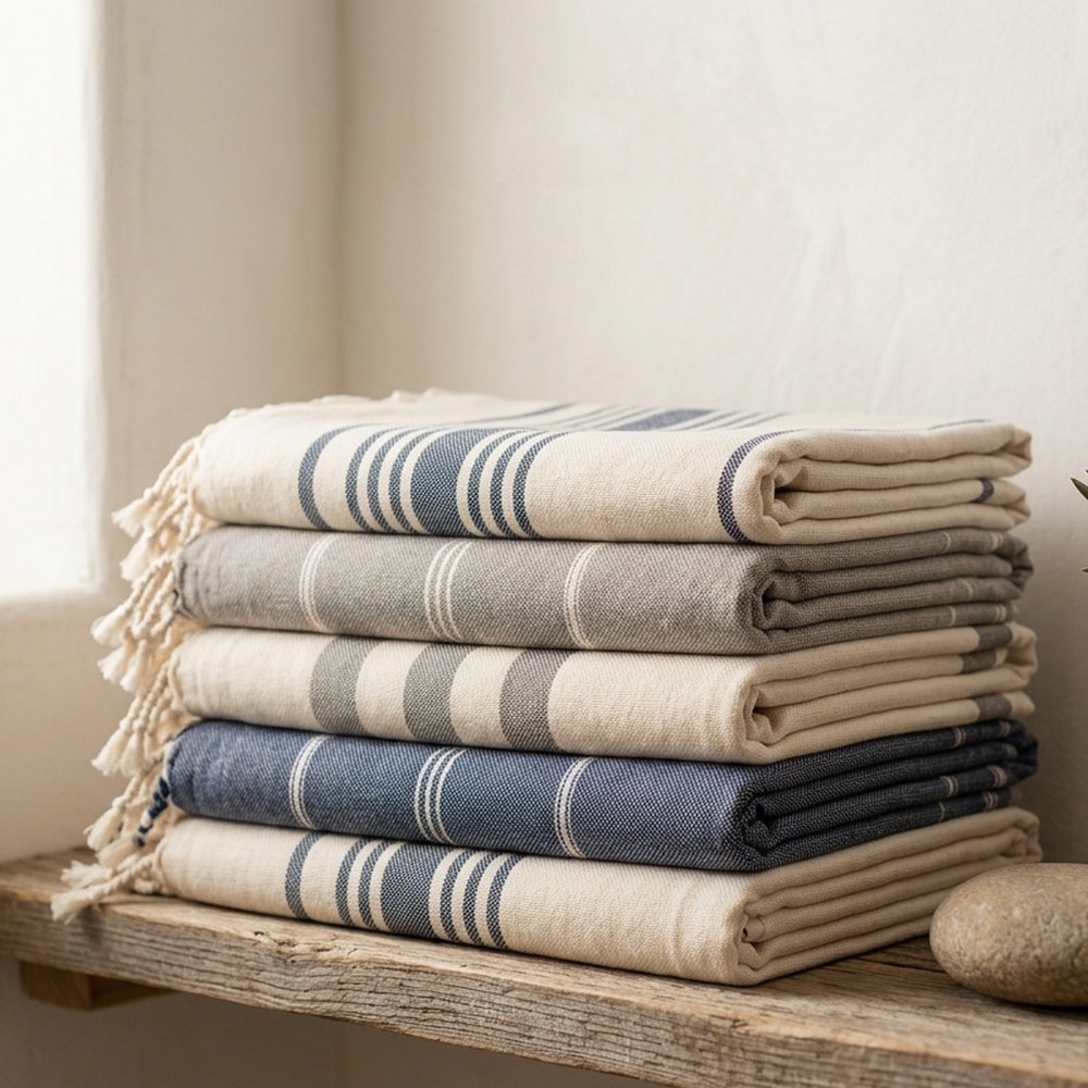Stack of folded striped peshtemals on a rustic shelf