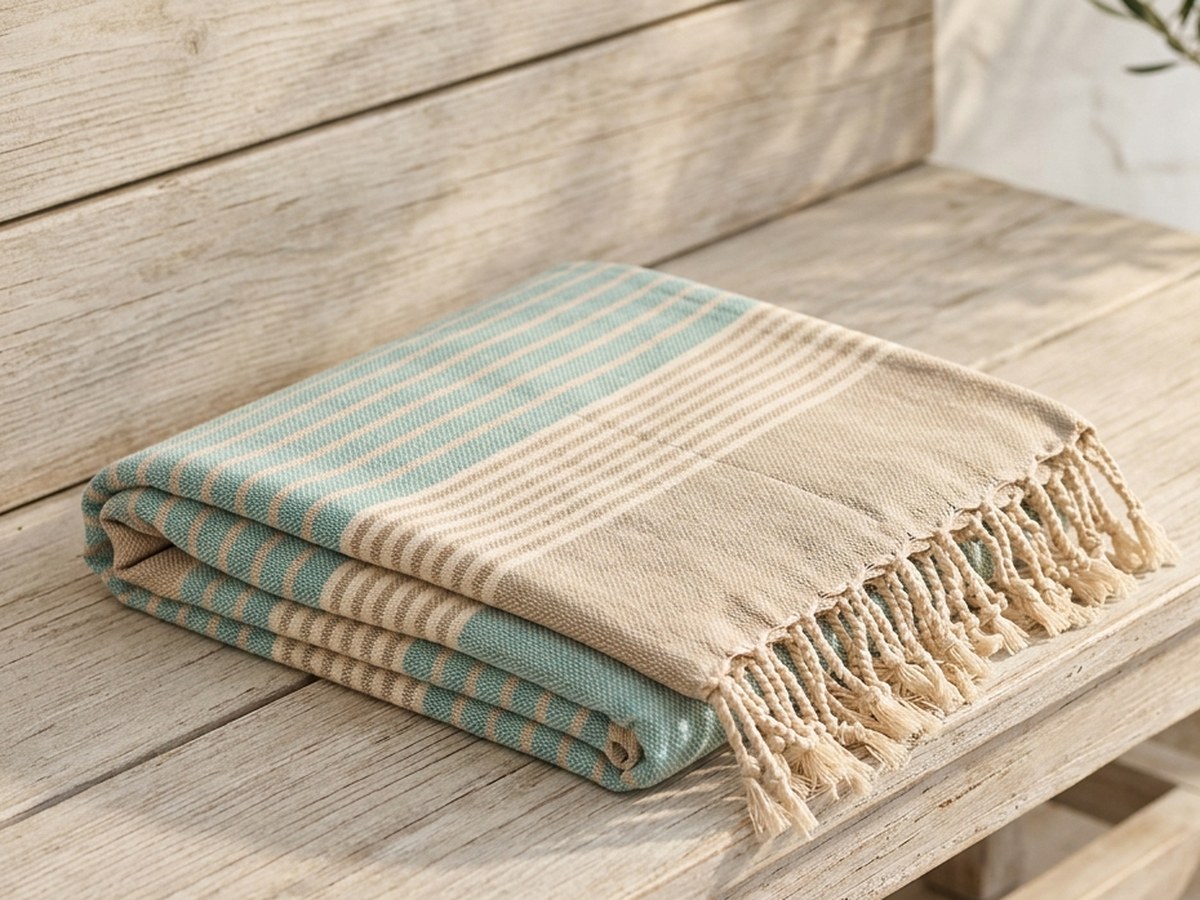 Folded striped Turkish peshtemal on a wooden bench