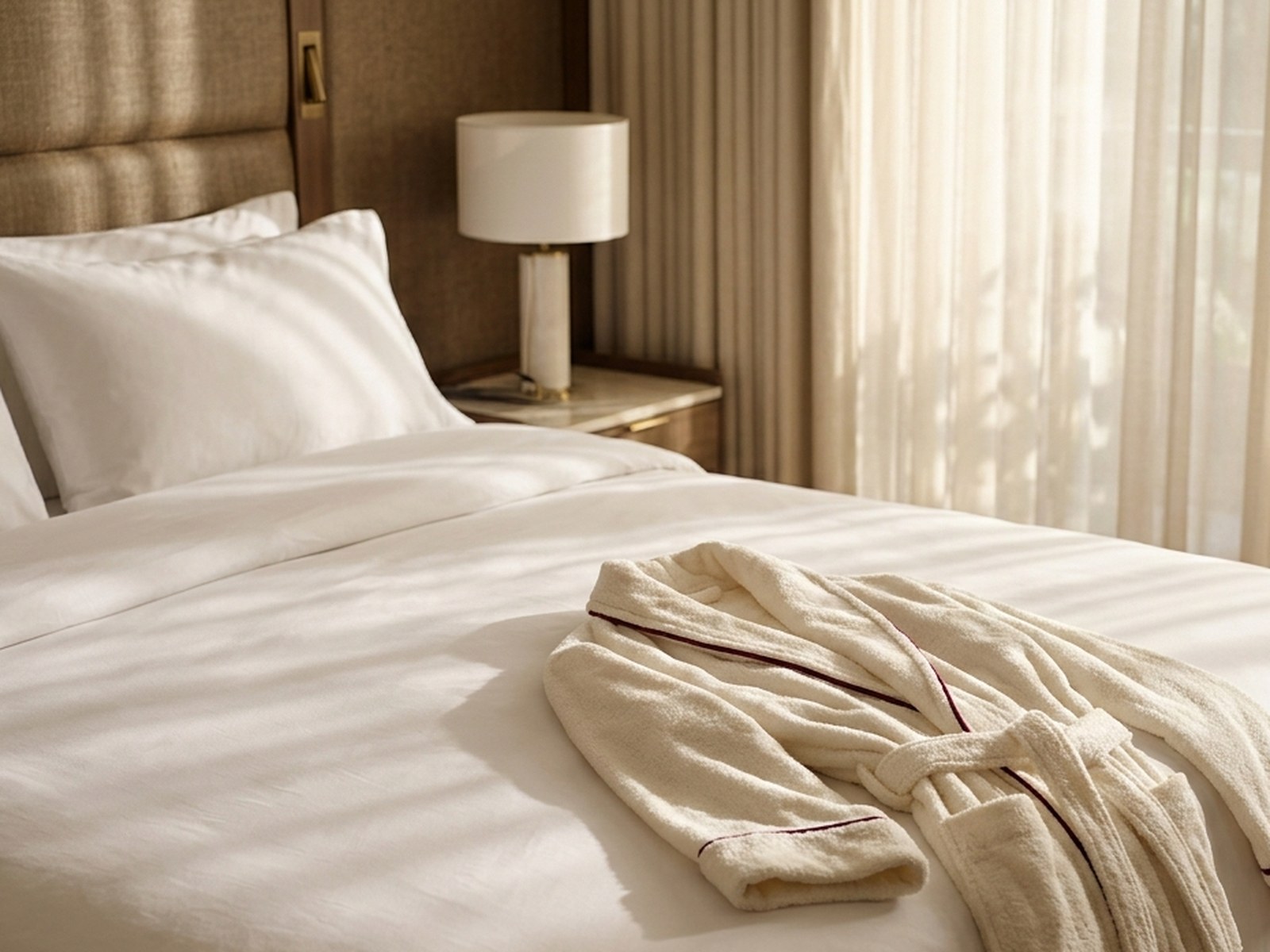 Ivory terry bathrobe laid across a hotel bed
