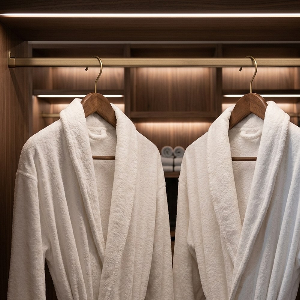 Two white bathrobes hanging in a hotel wardrobe
