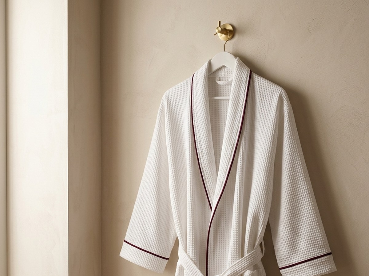 White waffle bathrobe with burgundy piping on a brass hook